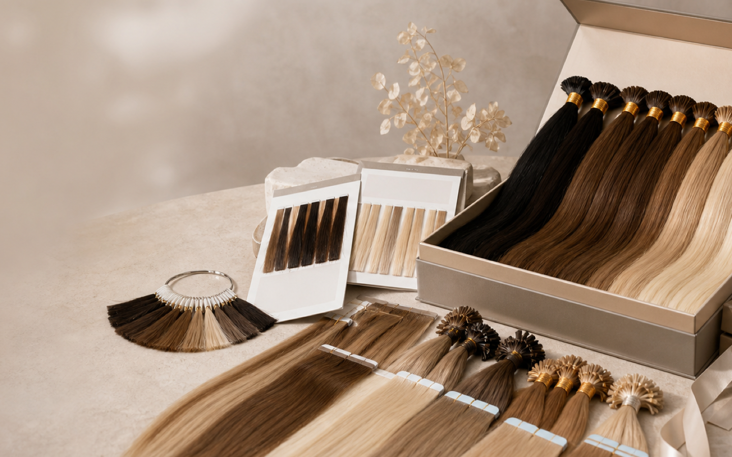 Human hair extension sample kit and colour swatches